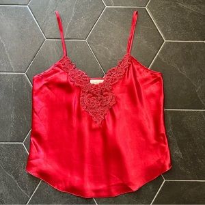 VTG 80s 90s Retro Bright Cherry Red Satin Lace Rosette Cami Sleep Tank Top
